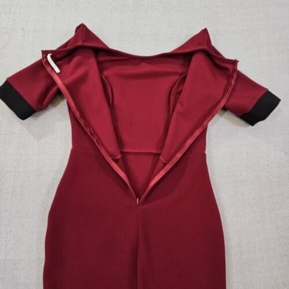 Sheinside Maroon & Black Bodycon Faux Wrap Dress Women's Medium Stretch EUC - Picture 11 of 11